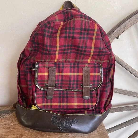 DR MARTENS Air Wair Red Tartan Plaid Backpack Brown Vegan Leather